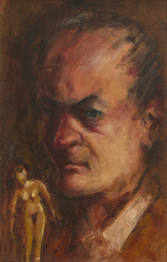 James Cagney (1899-1986), Self-portrait with nude: James Cagney (1899-1986) Self-portrait with nude Oil on thin board Signed and indistinctly inscribed lower right: "For AC[***?] " / Jim Cagney; inscribed in red ink, verso, likely in the hand of a fra