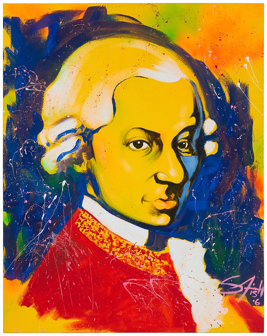 S. Fish (20th Century), Portrait of Mozart, 2006: S. Fish (20th Century) Portrait of Mozart, 2006 Acrylic on canvas Signed and dated in the lower right: S Fish /.6 65 1/2 x 51 1/2 in. Provenance: Private collection, San Diego, CA Other Notes: A
