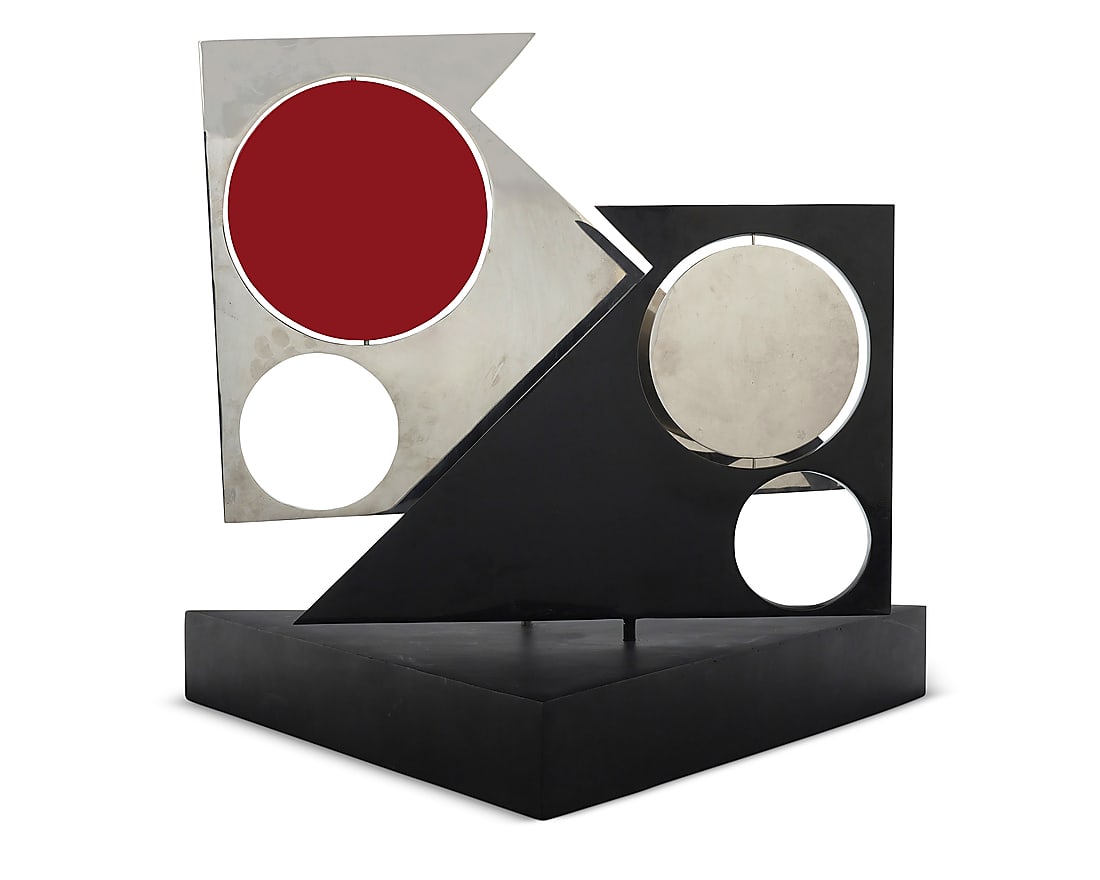 Betty Younger (1932-2019), Geometric movement: Betty Younger (1932-2019) Geometric movement Chromed and enameled metal, articulated Twice impressed: R [in a circle] Overall height 30 in., width 34 1/4 in., depth 17 in., dimensions variable