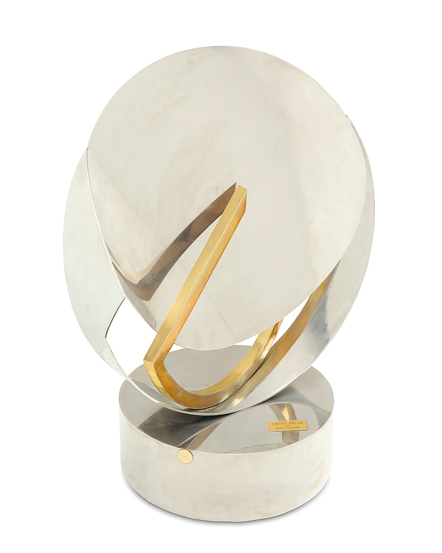Betty Younger (1932-2019), "Viking Dream": Betty Younger (1932-2019) "Viking Dream" Brushed metal and brass, articulated Titled and attributed to applied metal plaques Height 34 1/2 in., width 25 in., depth 18 1/4 in.