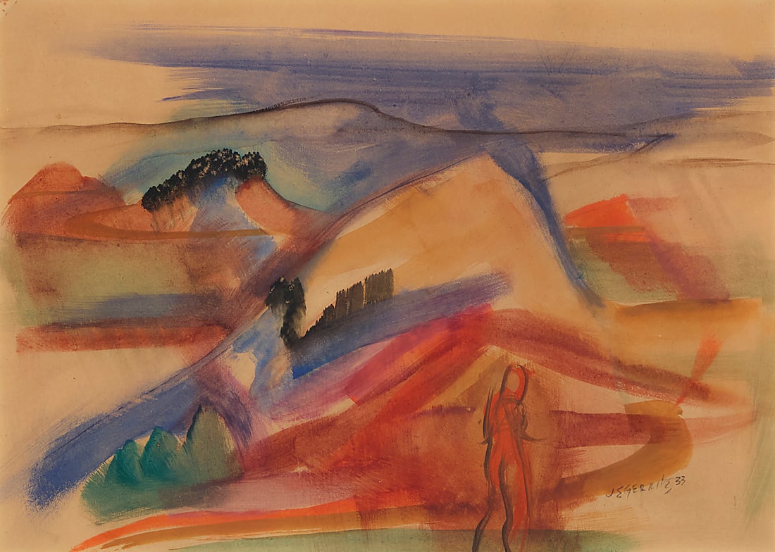 John Gerrity (1895-1980), "San Francisco," 1933: John Gerrity (1895-1980) "San Francisco," 1933 Watercolor on paper Signed and dated lower right: J E Gerrity 33; titled on a label affixed to the frame's backing paper Sight: 7 1/2 x 10 1/2 in.