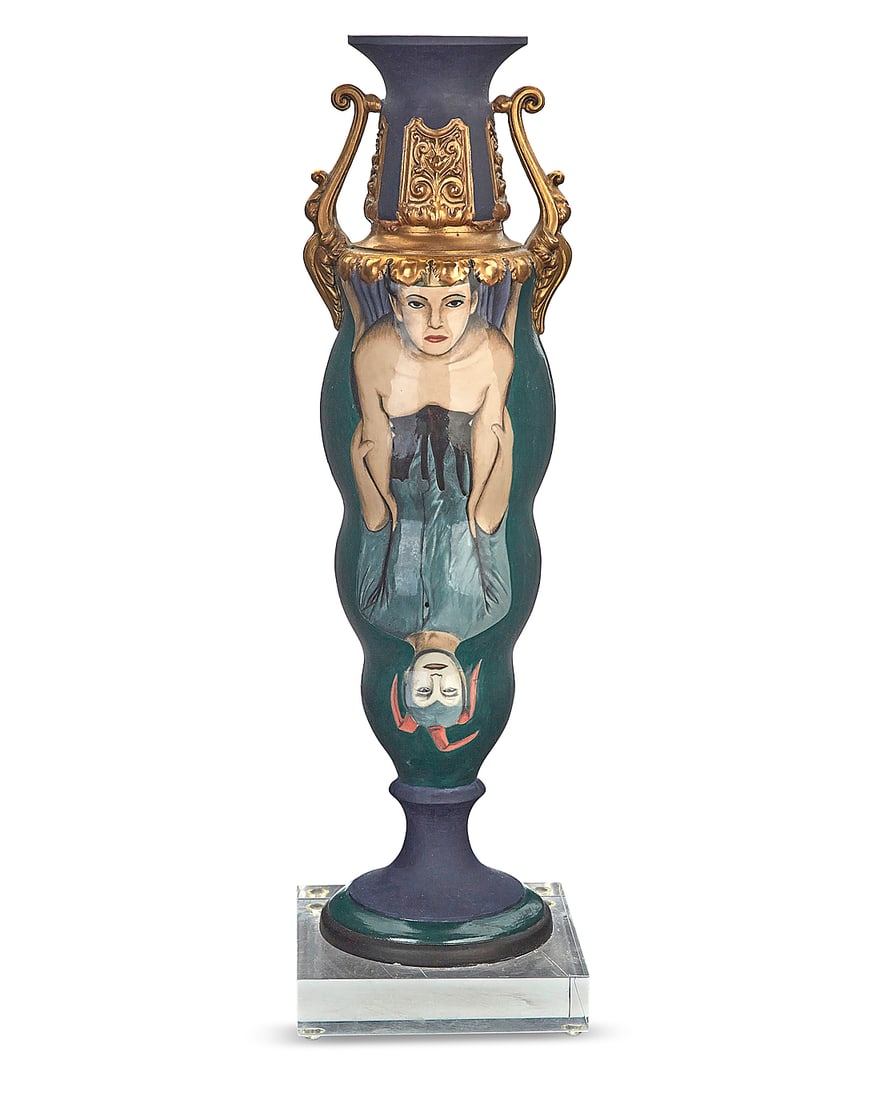 Cindy Kolodziejski (b. 1962), "Parlor Games," 1999: Cindy Kolodziejski (b. 1962) "Parlor Games," 1999 Glazed pottery figural vase on acrylic base Signed and dated to underside: Cindy Kolodziejski / 99; titled by repute Ceramic height 15 3/4 in., width