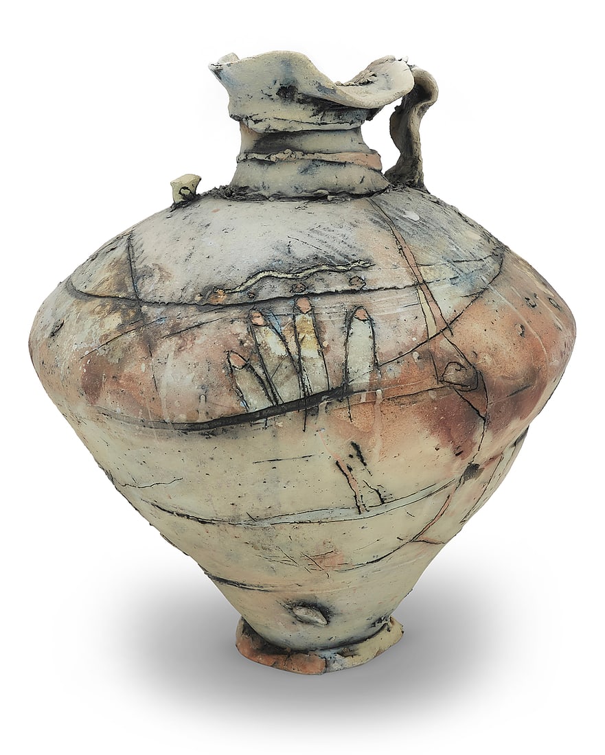Bede Clarke (b. 1956), A studio earthenware ewer vessel, late 20th/early 21st century: Bede Clarke (b. 1956) A studio earthenware ewer vessel, late 20th/early 21st century With possible incised indistinct mark to underside Height 17 3/4 in., width 15 1/2 in., depth 14 1/2 in.