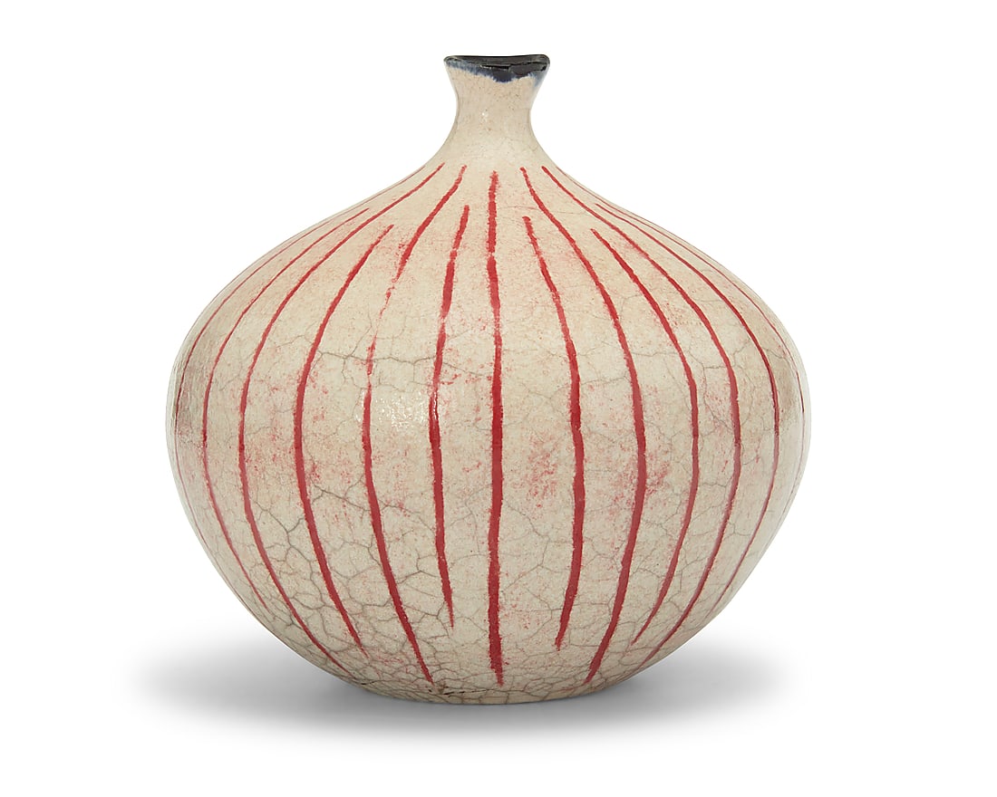 Jane Madson McDonald (20th century), A glazed ceramic weed pot, mid-20th century: Jane Madson McDonald (20th Century) A glazed ceramic weed pot, mid-20th century Artist's impressed chop mark to underside With incised red lines Height 5 1/4 in., diameter 5 1/4 in. Other notes: Jane