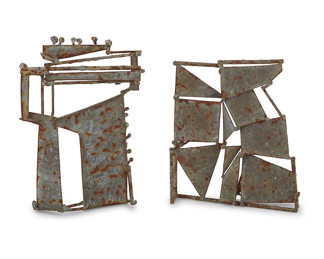 Two Brutalist metal wall sculptures: Two Brutalist metal wall sculptures Mid/late 20th century 2 pieces Taller height 12 1/2 in., width 8 3/4 in., depth 3 1/4 in., shorter height 10 1/4 in., width 9 1/8 in., depth 1 7/8 in.