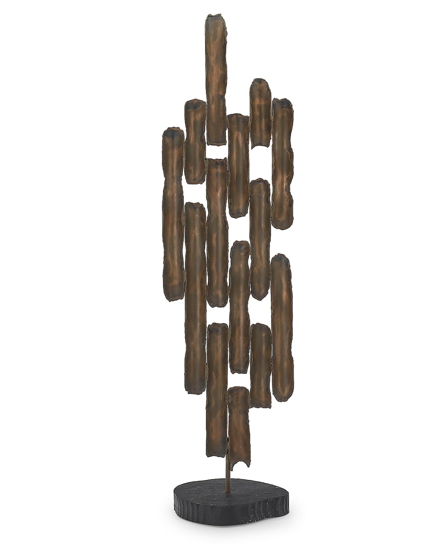 A Brutalist style sculpture: A Brutalist style sculpture Late 20th century Unmarked Raised on a painted wood stand Overall height 30 1/2 in., width 10 1/2 in., depth 2 in.