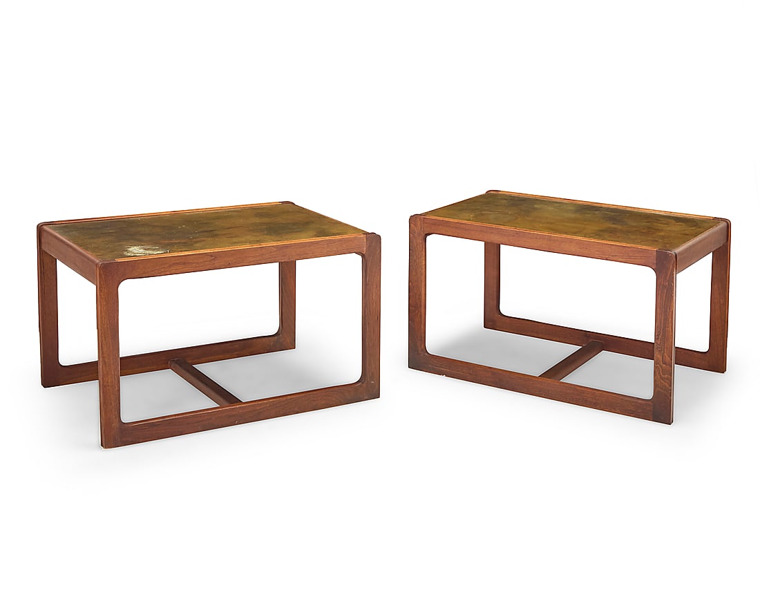 A pair of Contemporary teak and copper top side tables (1 of 7)