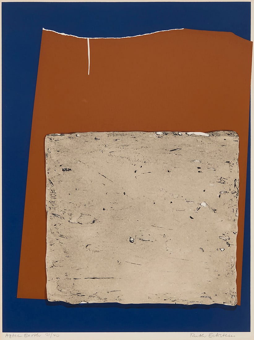 Ruth Eckstein (1916-2012), "Aztec Earth," 1972: Ruth Eckstein (1916-2012) "Aztec Earth," 1972 Collagraph and screenprint in colors on paper Edition: 21/40 Signed, titled, and numbered in pencil in the lower margin: Ruth Eckstein Image: 23 3/4 x 18