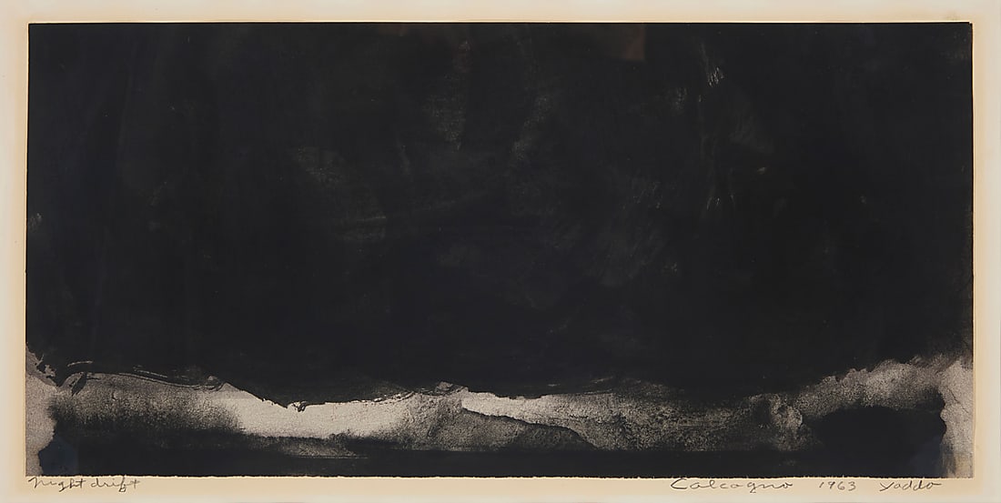 Lawrence Calcagno (1913-1993), "Night Drift," 1963: Lawrence Calcagno (1913-1993) "Night Drift," 1963 Ink wash on paper hinged to paper, as issued Signed, titled, dated, and inscribed in pencil along the lower edge of the paper support: Calcagno 1963