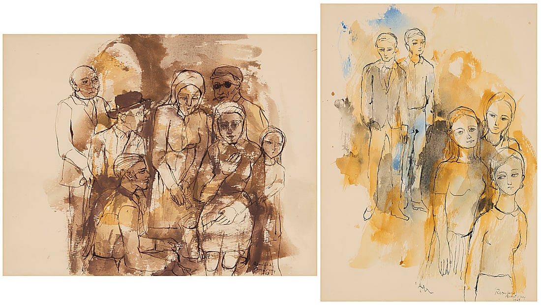 Roxolana Luczakowsky Armstrong (1938-2022): Roxolana Luczakowsky Armstrong (1938-2022) Two works: A group of seven people (brown and yellow), 1968 Watercolor and ink on paper Signed and dated in ink lower right: Roxolana Armstrong / 1968