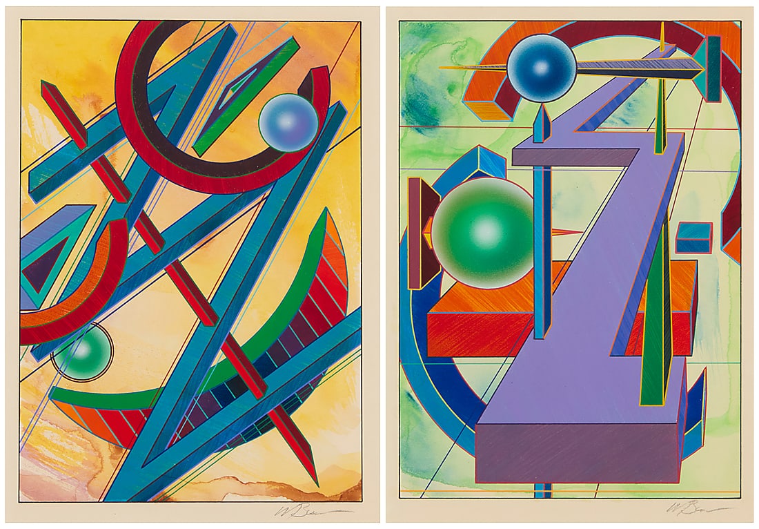 Mark Busacca, (20th/21st Century): Mark Busacca (20th/21st Century) Two works: Each: Abstract composition Each: Mixed media including ink and watercolor on paper Each: Signed in pencil lower right: M Busacca Sight of each: 8 3/4 x 5