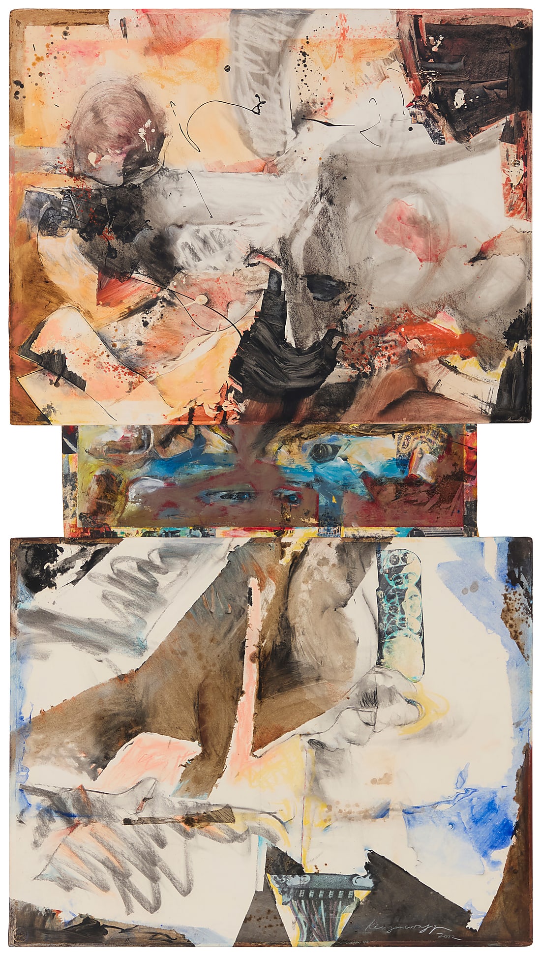 Sam "Kirson" Kirszencwajg (1936-2008), Neo-expressionist abstract, 2002: Sam "Kirson" Kirszencwajg (1936-2008) Neo-expressionist abstract, 2002 Mixed media including watercolor, acrylic, ink, and collaged elements on three sheets of paper Signed and dated lower right: