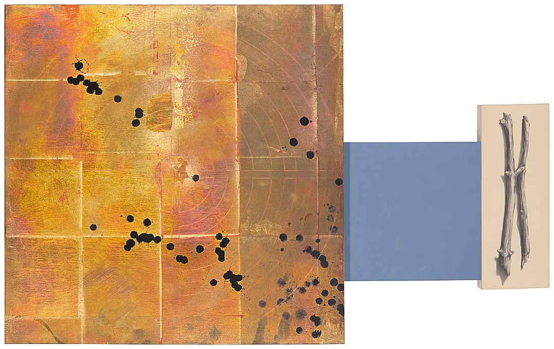 David Mocarski (20th/21st Century), "To Worship the Heart / Looking for Center," 1992: David Mocarski (20th/21st Century) "To Worship the Heart / Looking for Center," 1992 Mixed media including paint, pencil, ink, and metallic leaf on three joined panels Signed, titled, and dated