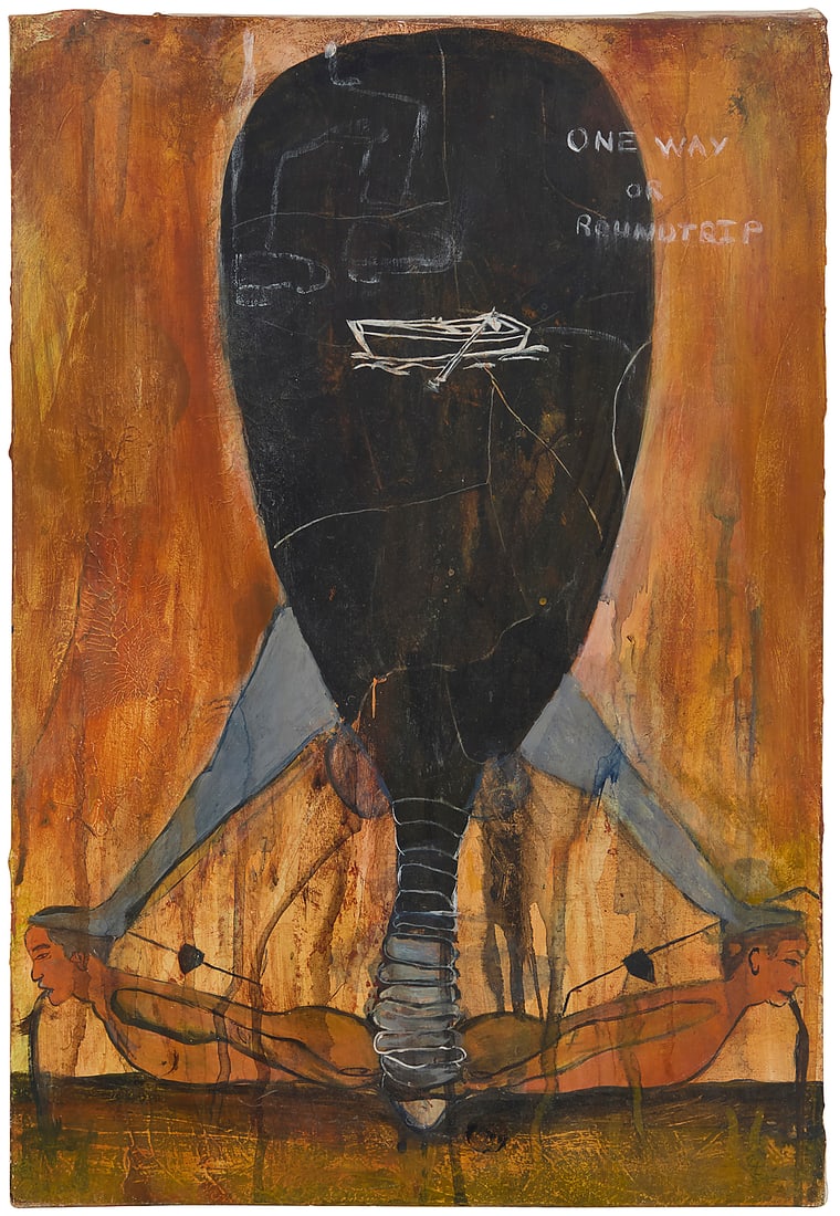 Juan Carlos Quintana (b. 1964), "Which Way?," 2001: Juan Carlos Quintana (b. 1964) "Which Way?," 2001 Oil on canvas Signed and dated verso: Juan Carlos Quintana / 01 / Which Way 18 1/4 x 12 1/4 in. Provenance: Triton Museum of Art, Santa Clara, C