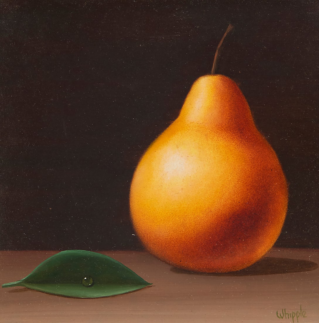 Frank Whipple (1923-2016), Still life with pear and leaf: Frank Whipple (1923-2016) Still life with pear and leaf Oil on board Signed lower right: Whipple 5 x 5 in.