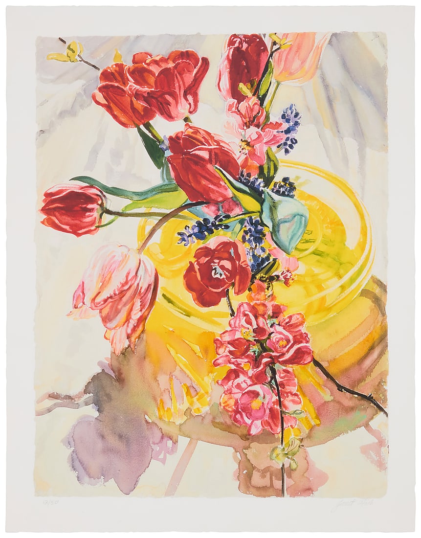 Janet Fish (b. 1938), "Spring Flower / Yellow Vase," 2004: Janet Fish (b. 1938) "Spring Flower / Yellow Vase," 2004 Digital pigment print in colors on paper Edition: 12/50 Signed and numbered in pencil in the lower margin: Janet Fish; Adamson Editions,