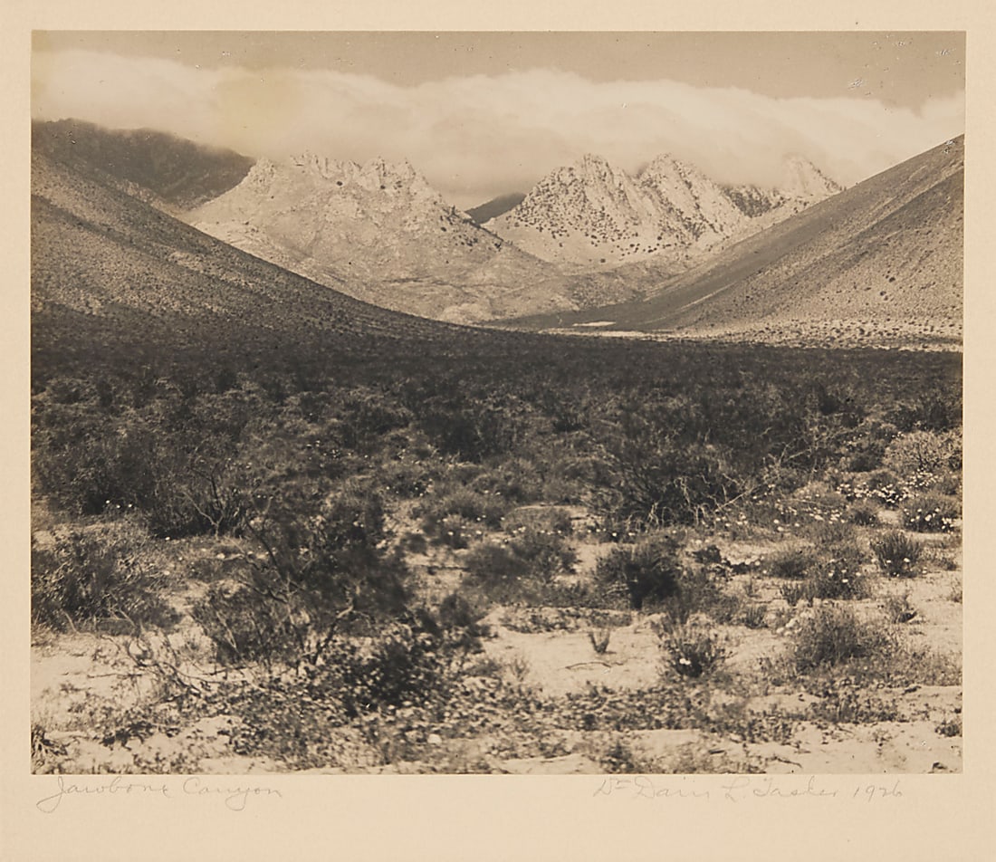 Dain L. Tasker (1872-1964), "Jawbone Canyon," 1926: Dain L. Tasker (1872-1964) "Jawbone Canyon," 1926 Gelatin silver print on paper mounted to paperboard From the edition of unknown size Signed, titled, and dated in pencil on the paperboard mount,