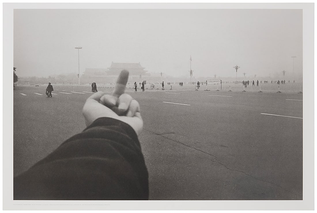 After Ai Weiwei (b. 1957), Poster of "Study of Perspective - Tiananmen Square," 1995-2003: After Ai Weiwei (b. 1957) Poster of "Study of Perspective - Tiananmen Square," 1995-2003 Mechanical print on acid free paper From an edition of unknown size Unsigned; printed in the lower margin, as