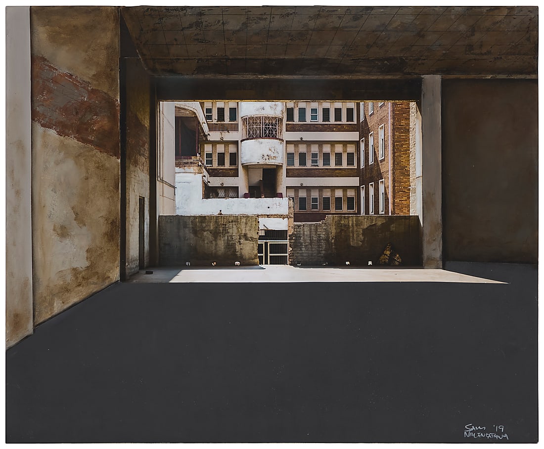 Jabulani Sam Nhlengethwa (b. 1955), "View of Transwerke" (from Constitution Hill), from the "Joburg: Jabulani Sam Nhlengethwa (b. 1955) "View of Transwerke" (from Constitution Hill), from the "Joburg Selected" series, 2019 Mixed media with collaged print on paper and oil on canvas Signed and dated