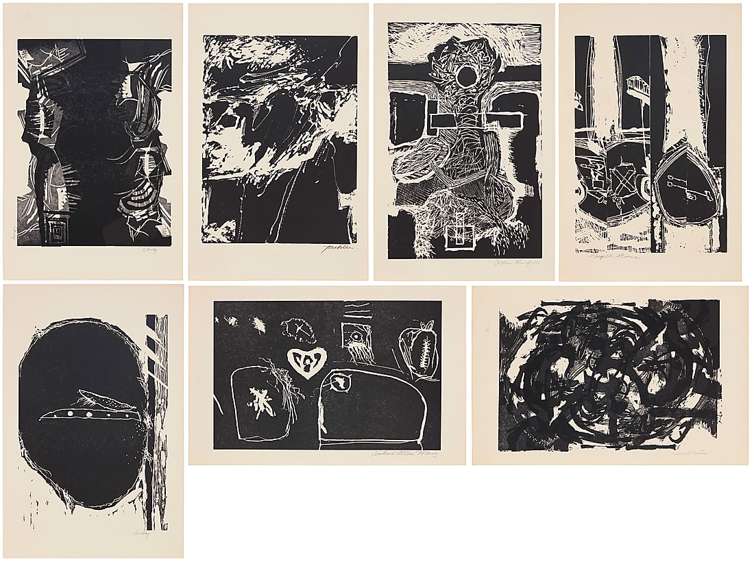 The "Black Folio," portfolio, 1961: The "Black Folio," portfolio, 1961 The complete set of seven woodcuts on off-white, smooth, wove paper, each woodcut signed in pencil in the lower margin by the contributing artist with their last, an