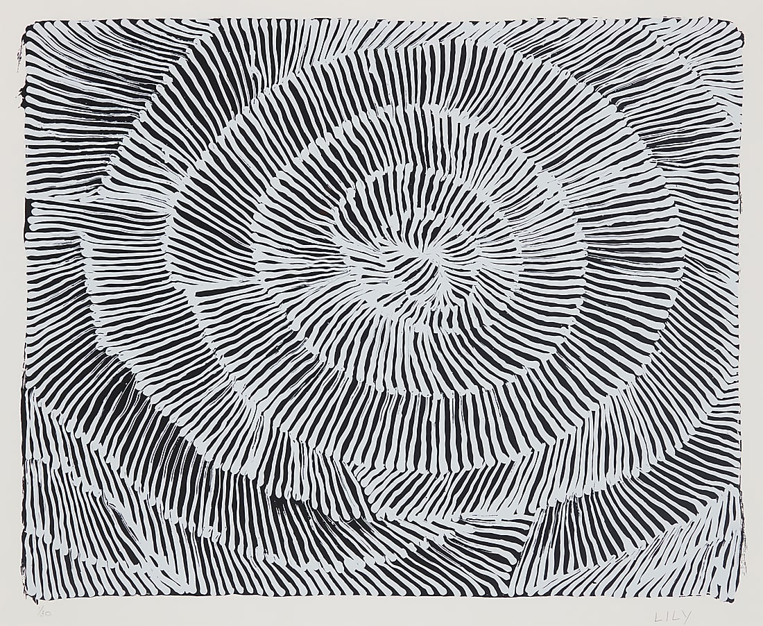 Lily Sandover Kngwarreye (1942-2003), "Alhwert (Kangaroo Rat)," 2000: Lily Sandover Kngwarreye (1942-2003) "Alhwert (Kangaroo Rat)," 2000 Silkscreen in colors on paper Edition: 1/30 Signed and numbered in pencil in the lower margin: Lily; numbered in ink, "AK6998 / PNt9
