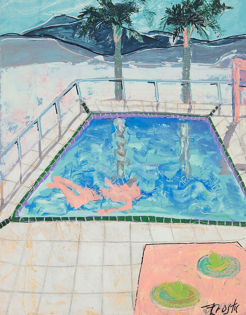 Fred Crostic (20th/21st Century), "Poolside," 1986: Fred Crostic (20th/21st Century) "Poolside," 1986 Acrylic on thick paper Signed lower right: F. Crostic; signed again, "Fred Crostic," titled, and dated "1/12/86," all on the frame's backing board Ima