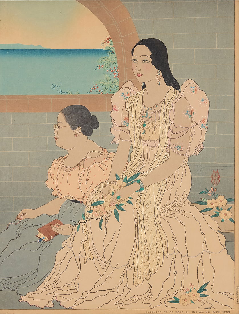 Paul Jacoulet (1902-1960), "Joaquina et sa mere au sermon du Pere Pons, Rota: Marianes," 1947: Paul Jacoulet (1902-1960) "Joaquina et sa mere au sermon du Pere Pons, Rota: Marianes," 1947 Woodcut in colors with silver highlights on handmade mulberry paper Edition: 179/350 (of which fewer than 5