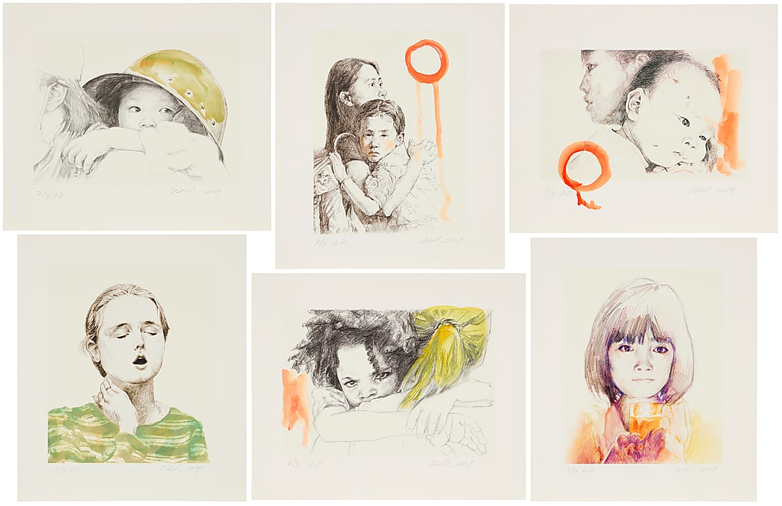 Hung Liu (b. 1948), "Litany" portfolio, 2009: Hung Liu (b. 1948) "Litany" portfolio, 2009 The set of six archival prints in colors with hand embossing on Innova paper Artist's proof 2/3, aside from the edition of 25 Each: Signed, dated, and inscr