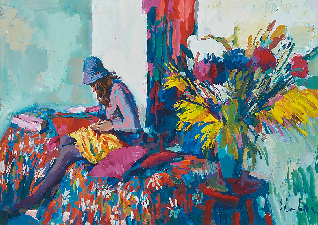 Nicola Simbari (1927-2012), Interior view with flowers and a woman sitting on a bed: Nicola Simbari (1927-2012) Interior view with flowers and a woman sitting on a bed Acrylic on canvas Signed lower right: Simbari 28 x 40 in.