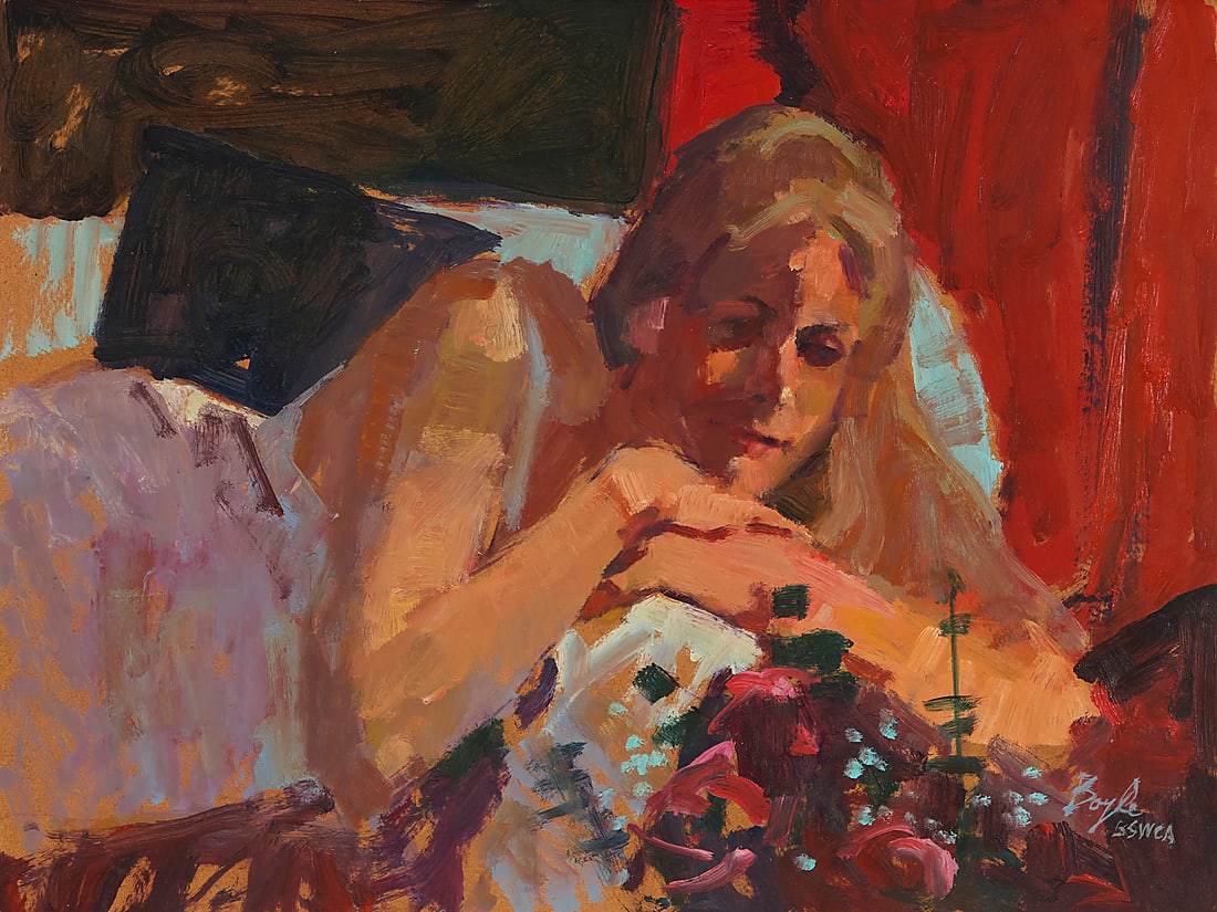 Neil Boyle (1931-2006), Woman reclining near flowers: Neil Boyle (1931-2006) Woman reclining near flowers Oil on Masonite Signed lower right: Boyle BSWCA 18 x 24 in.