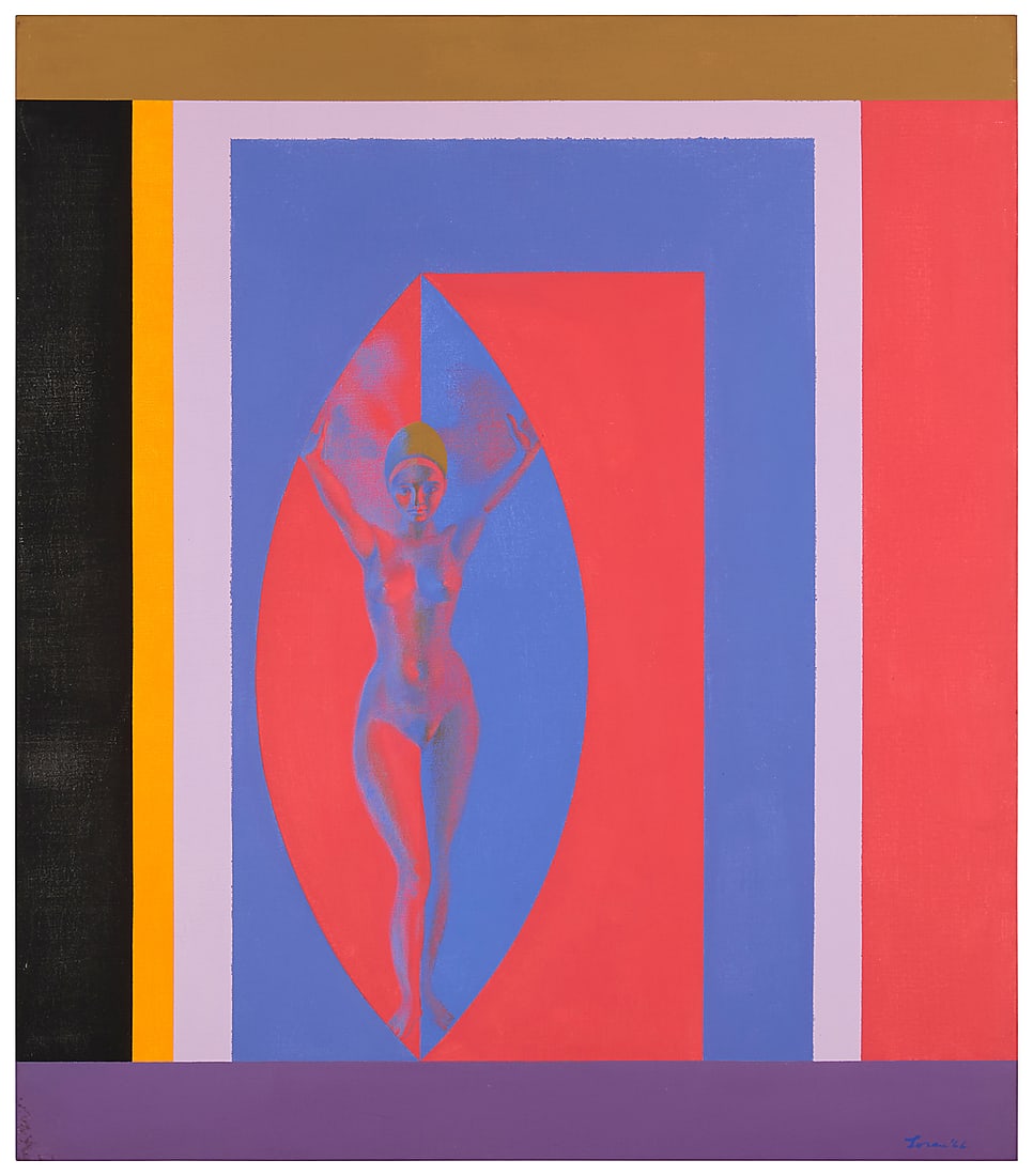 Erle Loran (1905-1999), "Topless Madonna," 1966: Erle Loran (1905-1999) "Topless Madonna," 1966 Acrylic on canvas Signed and dated lower right: Loran '66; signed again, titled, and inscribed, all verso: "10 Kenilworth Ct., Berkeley" 60 x 52 in.