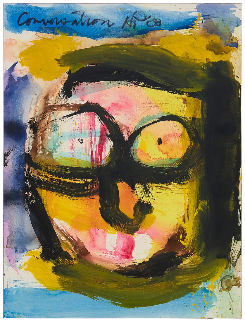 Harold Plople (1946-2012), "Conversation," 2008: Harold Plople (1946-2012) "Conversation," 2008 Watercolor on paper Signed with initials, titled, and dated upper left: HP '08 Image/Sheet: 24 x 18 in.