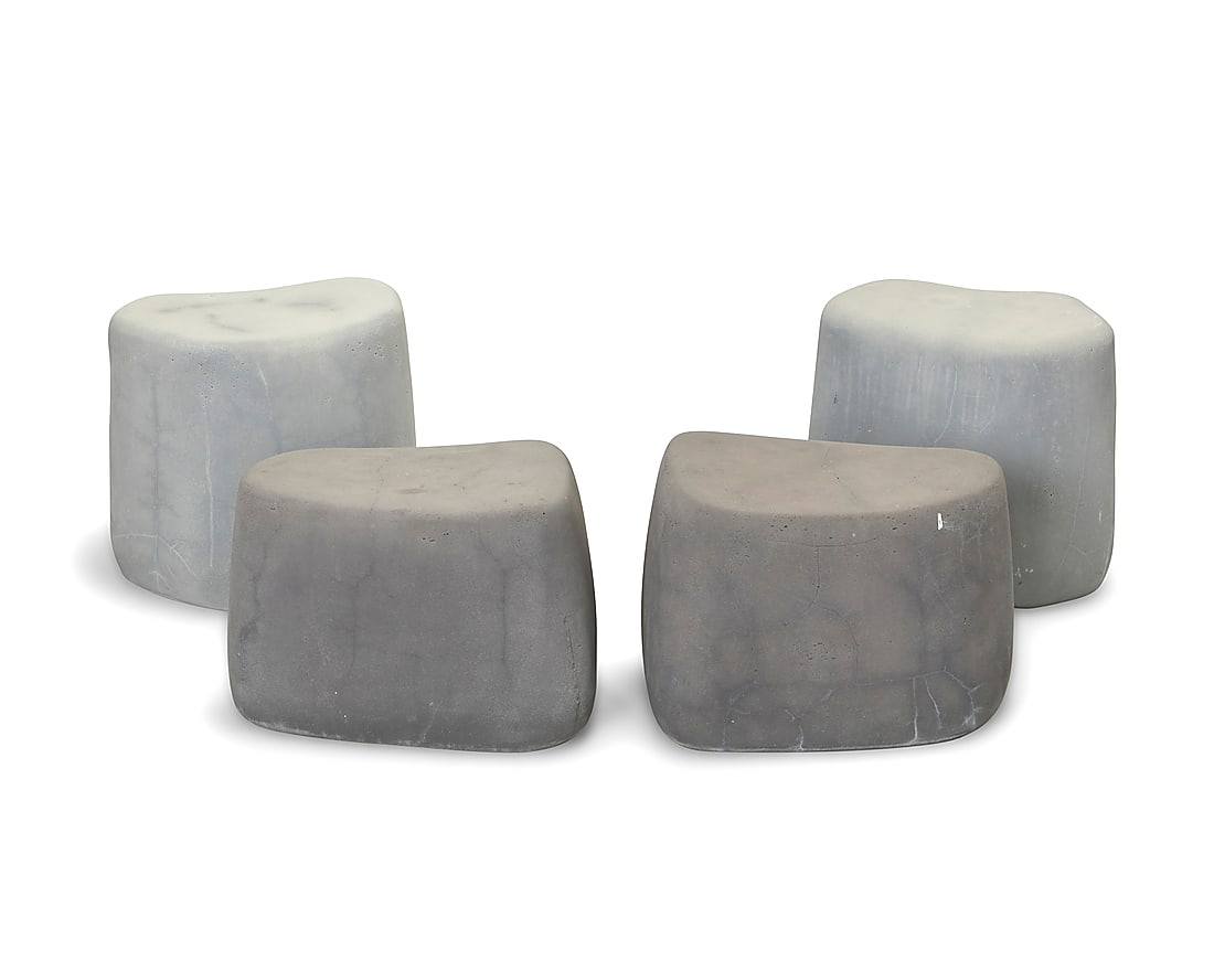 Two pairs of Contemporary faux stone side tables: Two pairs of Contemporary faux stone side tables Early 21st century Each unmarked Hollow molded concrete composite 4 pieces Taller pair height 17 1/2 in., width 18 1/4 in., depth 12 1/4 in.; height