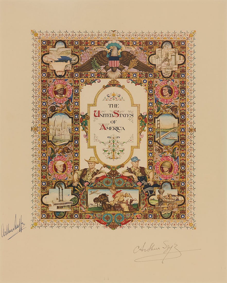 Arthur Szyk (1894-1951), "The United States of America," 1947: Arthur Szyk (1894-1951) "The United States of America," 1947 Heliochrome in colors on paper From the edition of unknown size With the artist's and printer's signatures printed as part of the image;