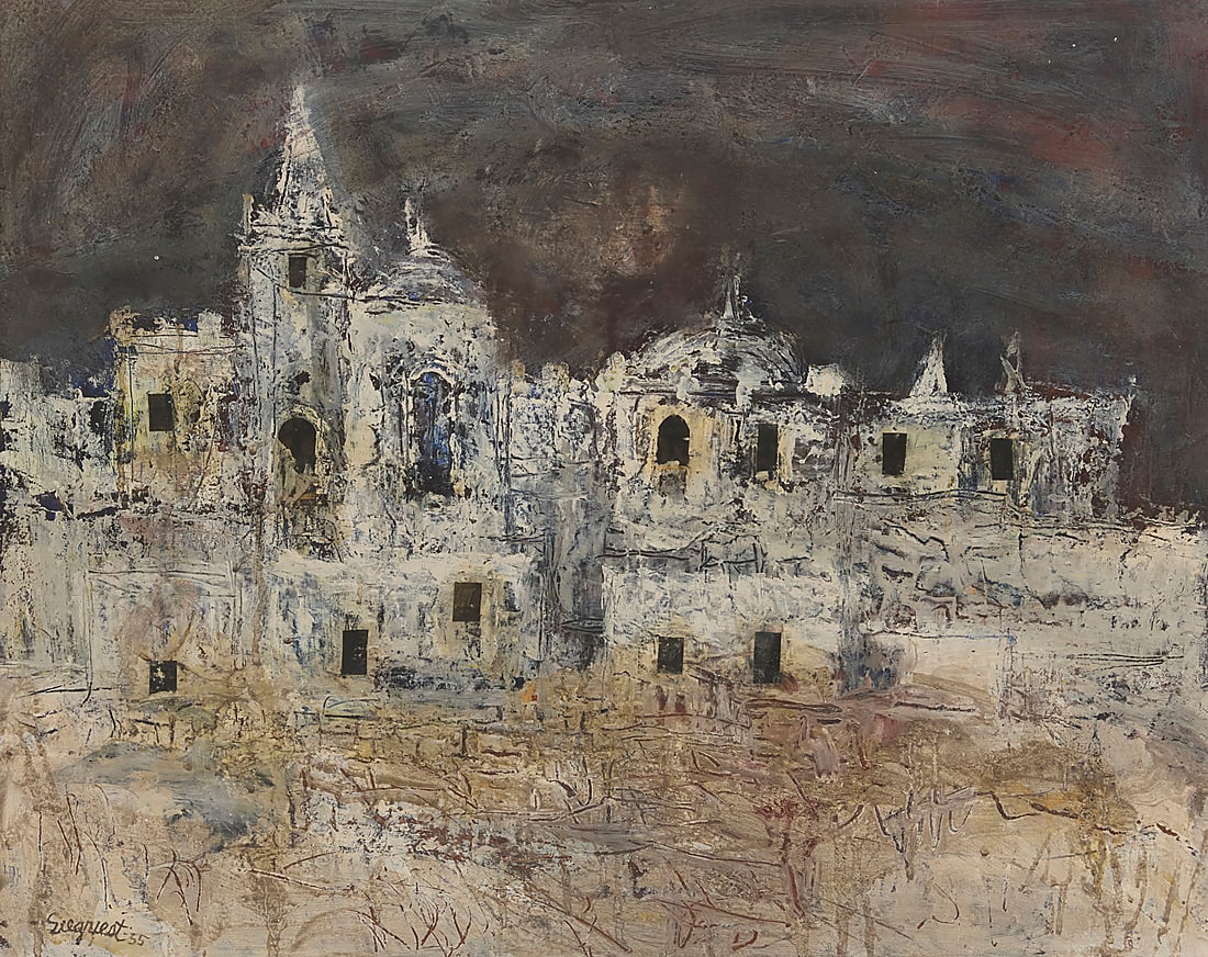 Louis Bassi Siegriest (1899-1989), "Cathedral in Morelia," 1955: Louis Bassi Siegriest (1899-1989) "Cathedral in Morelia," 1955 Oil on Masonite Signed and dated lower left: Siegriest 55; signed, titled, and dated in pencil verso: "Louis B. Siegriest / CATHEDRAL IN