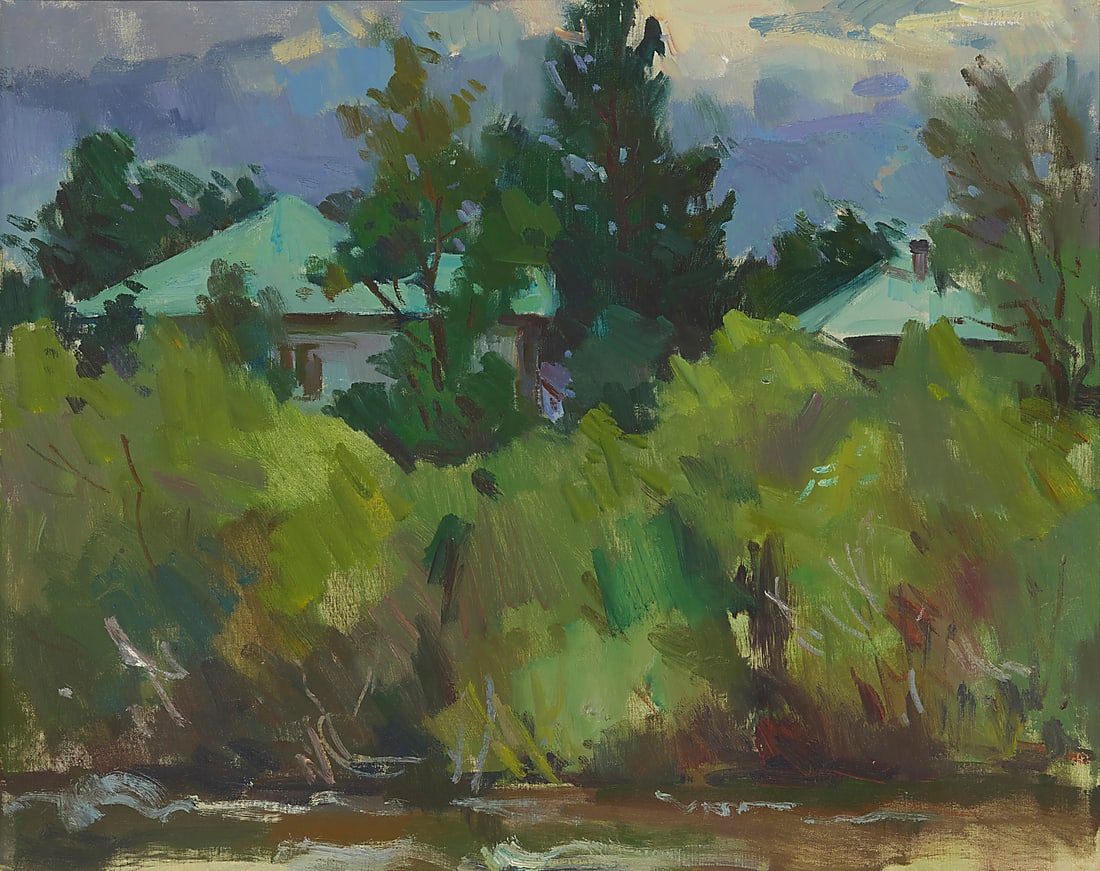 Sergei Bongart (1918-1985), Houses along a lake: Sergei Bongart (1918-1985) Houses along a lake Oil on canvas Unsigned 24 x 30 in. Provenance: The Estate of Sergei Bongart