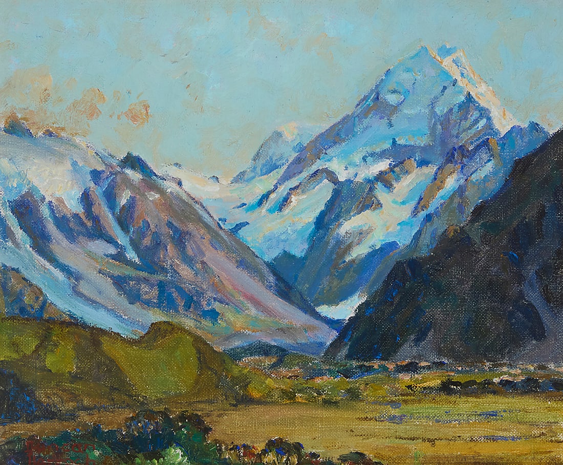 Duncan Darroch (1888-1967), "Mountains in New Zealand #1" (Mount Cook), 1941: Duncan Darroch (1888-1967) "Mountains in New Zealand #1" (Mount Cook), 1941 Oil on canvasboard Signed lower left: Duncan / Darroch; titled and dated in ink on a label affixed to the frame's backing