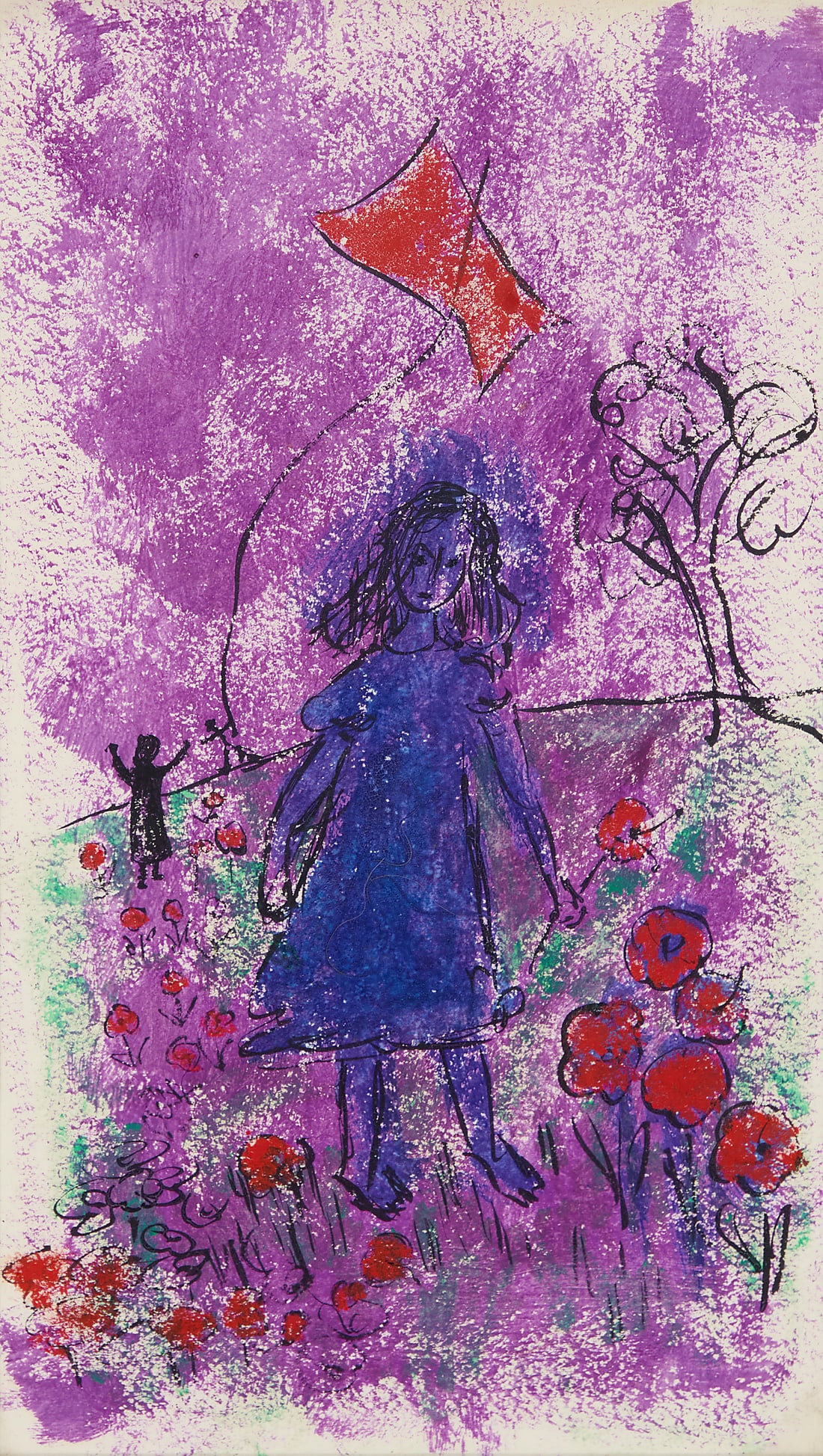 Gloria Vanderbilt (1924-2019), "Girl Picking Flowers": Gloria Vanderbilt (1924-2019) "Girl Picking Flowers" Pastel and ink on paper Appears unsigned; titled on gallery label affixed to the frame's backing paper; alternatively titled "Girl in the Garden"