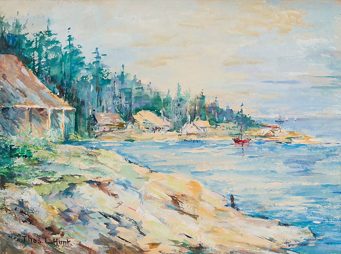 Thomas Lorraine Hunt (1882-1938), Lakeside cabins with boats: Thomas Lorraine Hunt (1882-1938) Lakeside cabins with boats Watercolor and gouache on thin paper board laid to artist's board Signed lower left: Thos. L. Hunt 11 x 14 1/2 in.