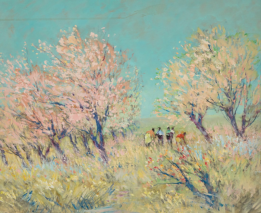 Clifford Silsby (1896-1986), Apple blossom field with figures: Clifford Silsby (1896-1986) Apple blossom field with figures Oil on canvasboard Signed lower left: Clifford Silsby; with the artist's estate stamp verso 20 x 24 in. Provenance: Private Estate,