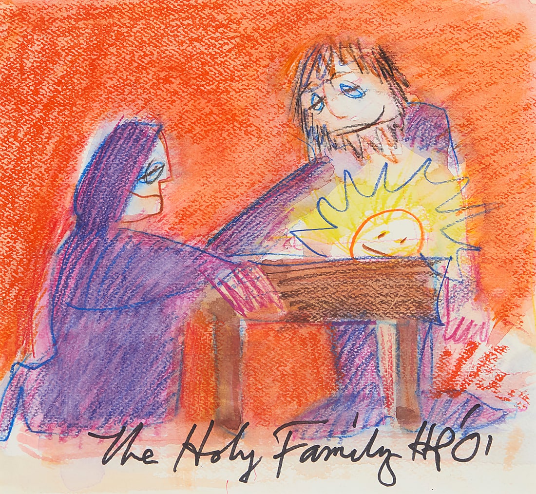 Harold Plople (1946-2012), "The Holy Family," 2001: Harold Plople (1946-2012) "The Holy Family," 2001 Oil pastel and watercolor on paper Signed with initials, titled, and dated along the lower edge: HP '01 Sight: 9 x 9 3/4 in.