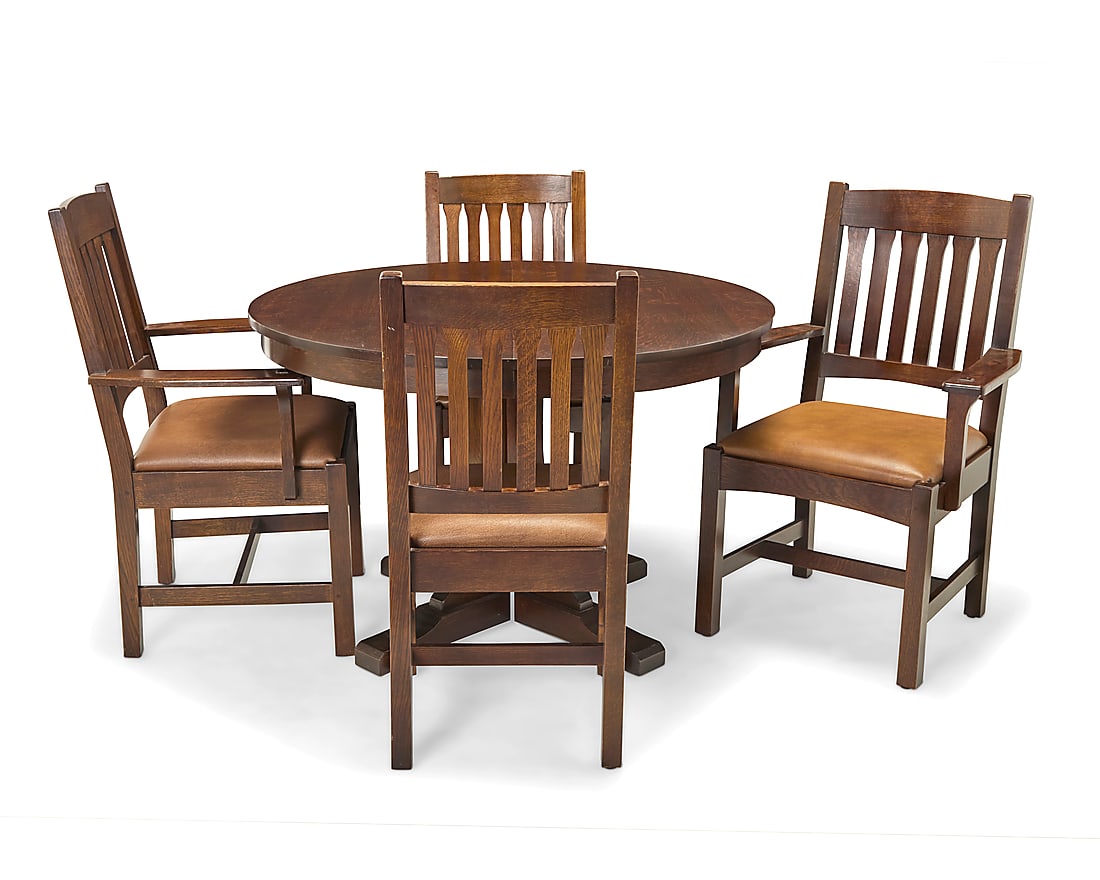 A Stickley pedestal dining table, no. 713, and four chairs, no. 37 (1 of 16)