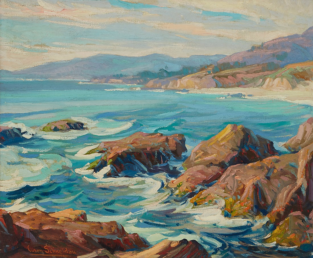 Christian von Schneidau (1893-1976), "The Bracing Coast, Laguna Beach": Christian von Schneidau (1893-1976) "The Bracing Coast, Laguna Beach" Oil on canvas Signed lower left: C. von Schneidau; signed again and titled, verso 20 1/4 x 24 1/4 in. Provenance: Private Estate,