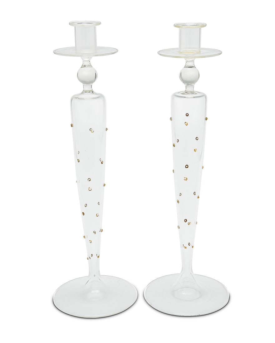 A pair of Matthew Varga studio glass candlesticks: A pair of Matthew Varga studio glass candlesticks Late 20th century Each with etched signature: Matthew Varga 2 pieces Height of each 15 1/4 in., diameter 5 in. Provenance: Barneys Chelsea Passage,