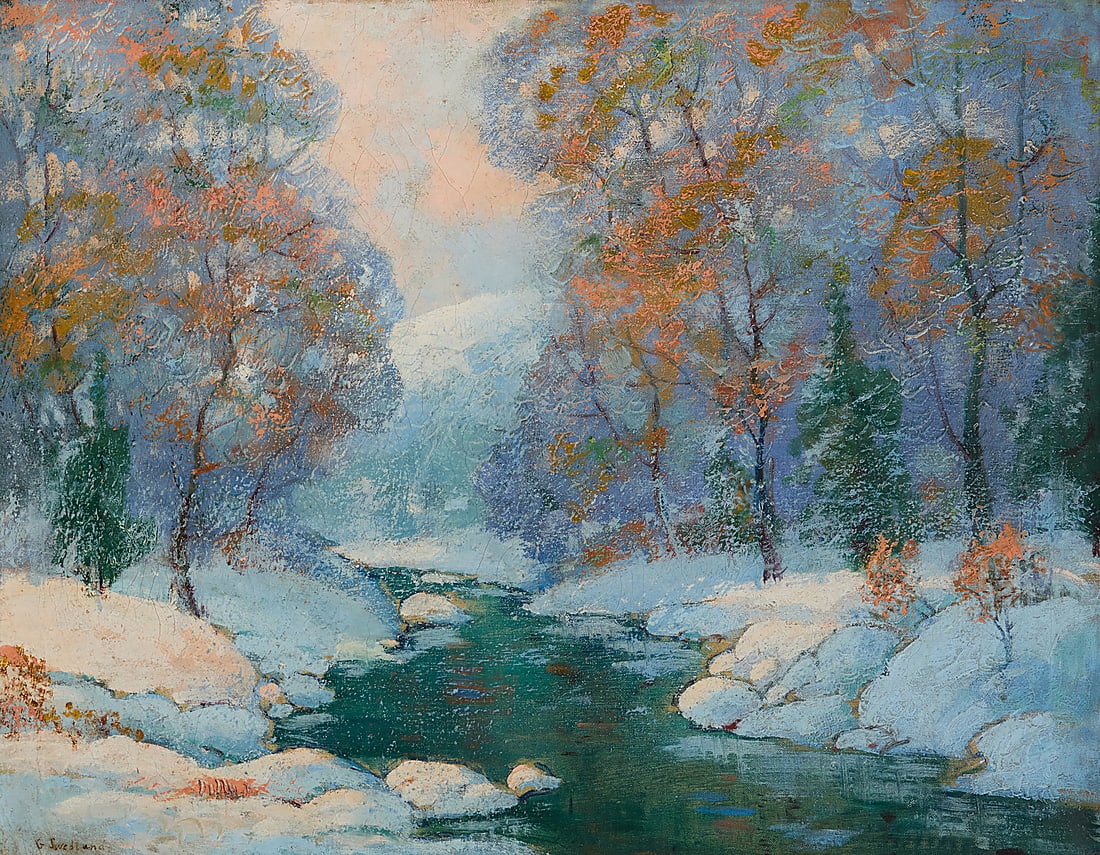 Glenn Swedlun (1902-1987), Creek through an early winter landscape: Glenn Swedlun (1902-1987) Creek through an early winter landscape Oil on canvas Signed lower left: G Swedlund [sic] 22 x 28 in. Provenance: Private collection, Palm Desert, CA