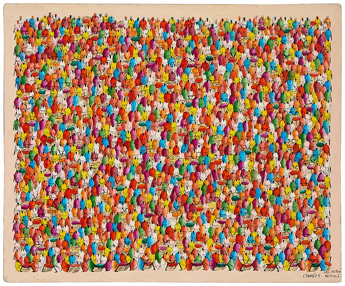 20th Century Haitian School: 20th Century Haitian School A crowd of figures Oil and ink on canvas Signed and inscribed lower right: Charles / "CHP. Haïtien / Haïti W.I." 20 x 24 in. Provenance: Private Estate, California