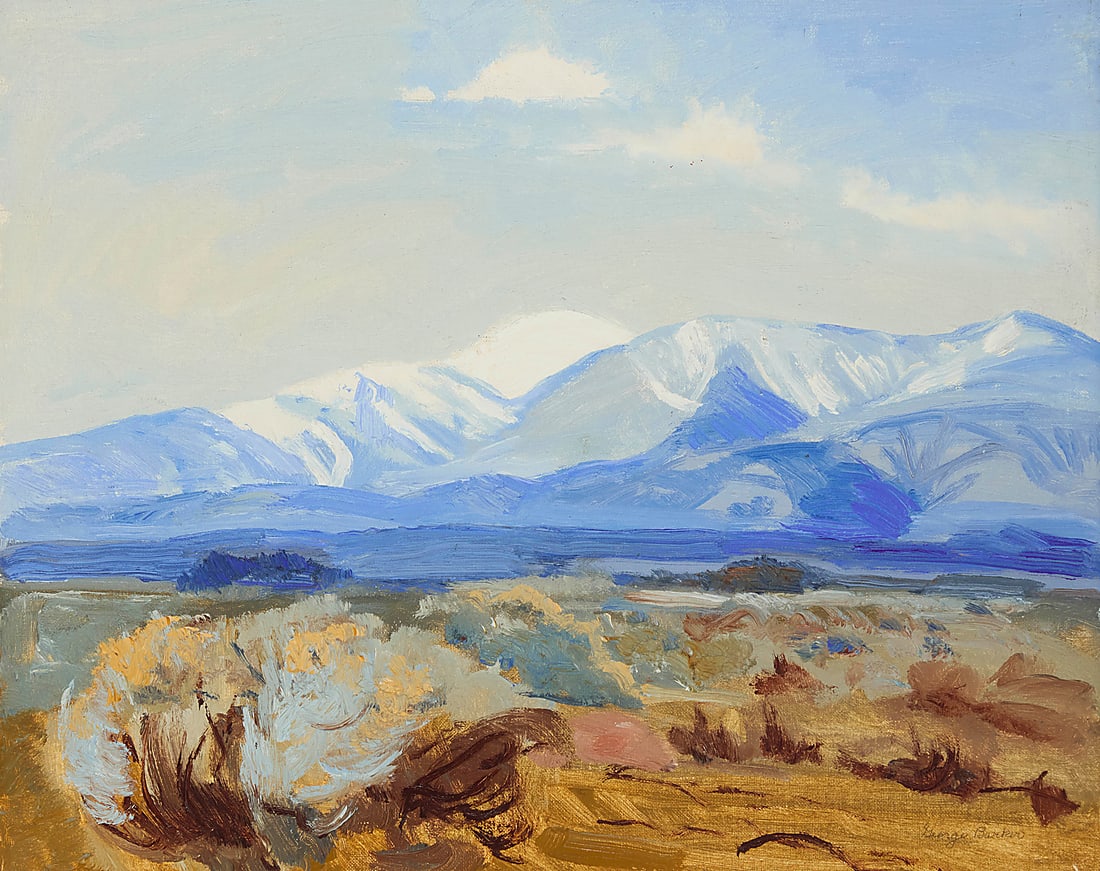 George Barker (1882-1965), A landscape with snow-capped mountains: George Barker (1882-1965) A landscape with snow-capped mountains Oil on canvasboard Signed in pencil lower right: George Barker; stamped with the artist's signature, numbered "GB-270" in red ink, and 