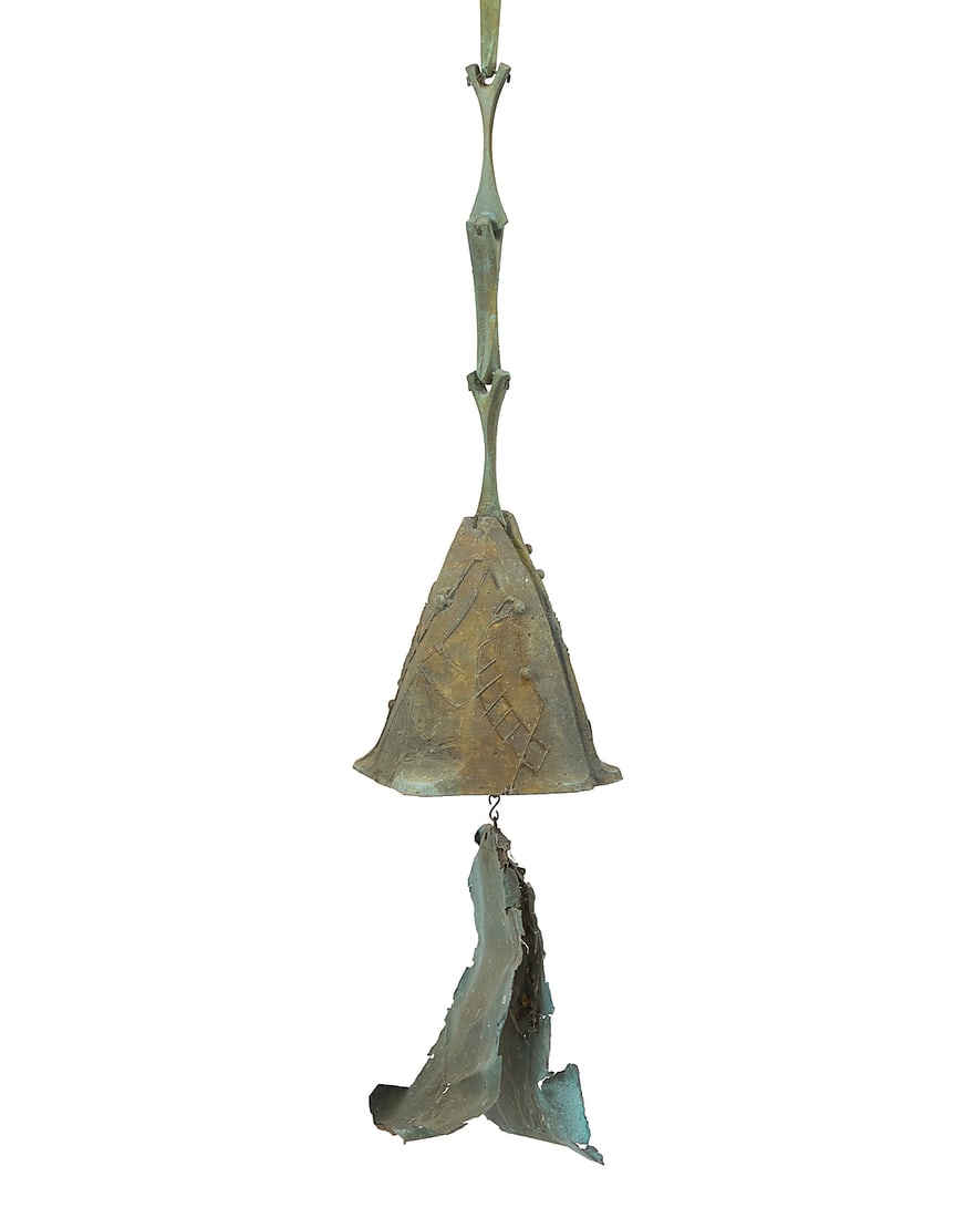 In the manner of Paolo Soleri (191-2013), A Contemporary bronze wind chime, mid/late 20th century: In the manner of Paolo Soleri (191-2013) A Contemporary bronze wind chime, mid/late 20th century Unmarked With possibly later sheet metal fin Chain length 35 1/2 in.; height of bell 7 in., width 8 1/4