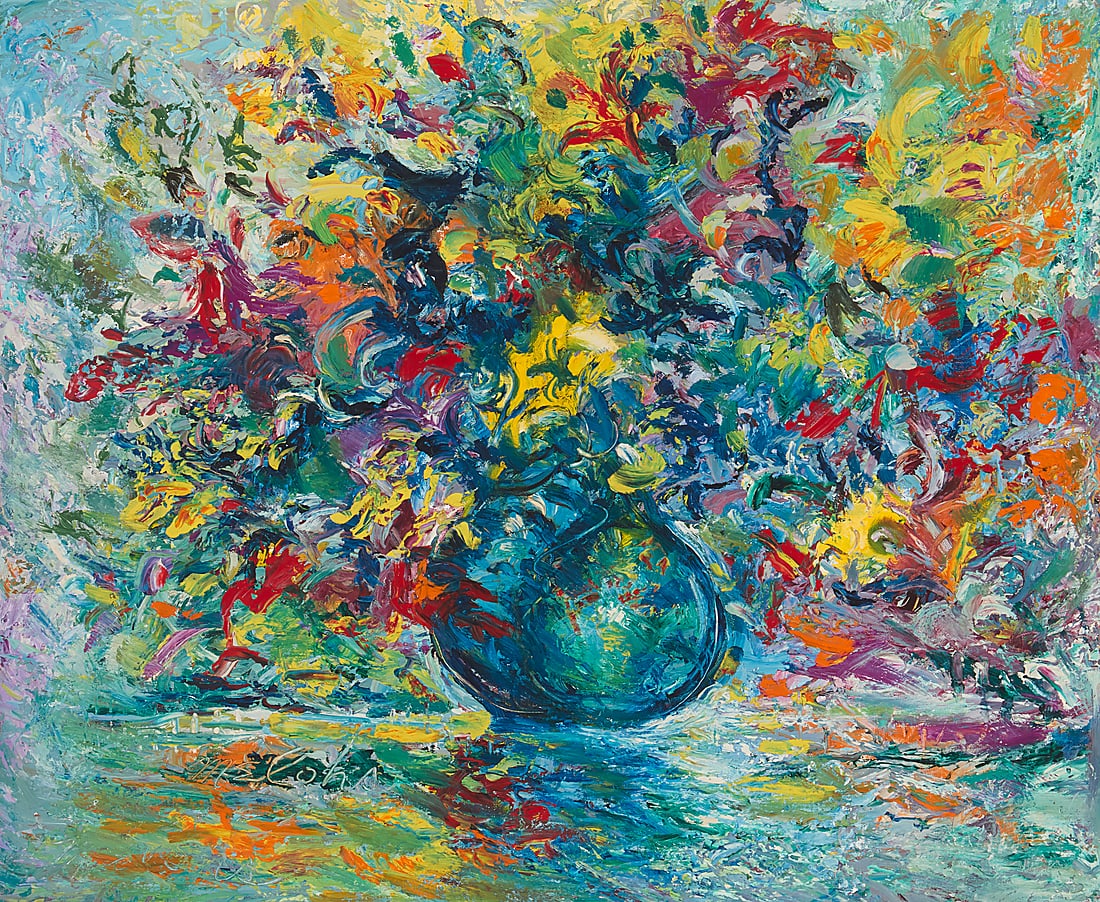 Charles Melohs (1908-1982), "Floral Rhythm," 1967: Charles Melohs (1908-1982) "Floral Rhythm," 1967 Oil on canvas With the incised signature (twice) lower left: Melohs; signed again, titled, and dated "1967," verso 25 x 30 in. Provenance: Privat
