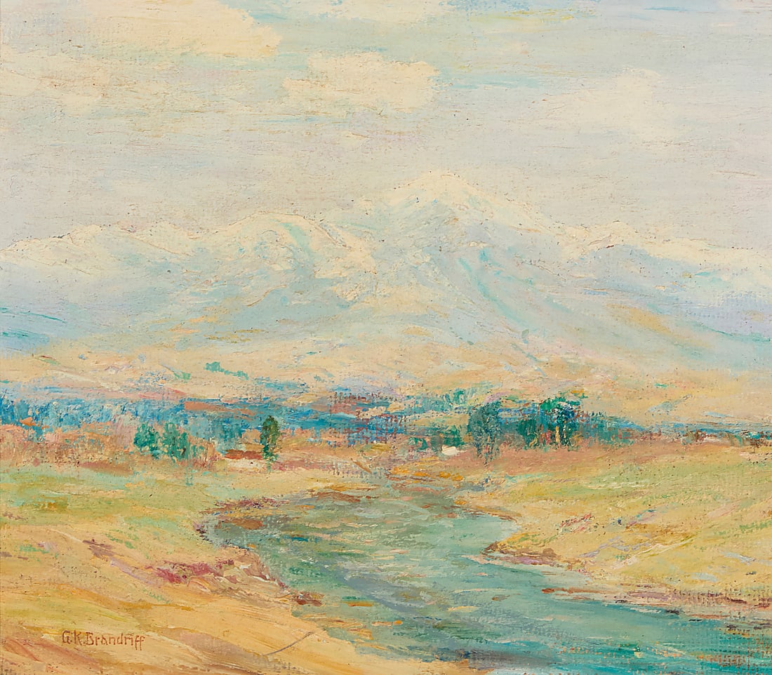 George Kennedy Brandriff (1890-1936), "San Bernardino" (Mount Baldy), circa 1928: George Kennedy Brandriff (1890-1936) "San Bernardino" (Mount Baldy), circa 1928 Oil on canvasboard Stamped with the artist's signature lower left; signed "Brandriff" and titled in ink, and with the ar